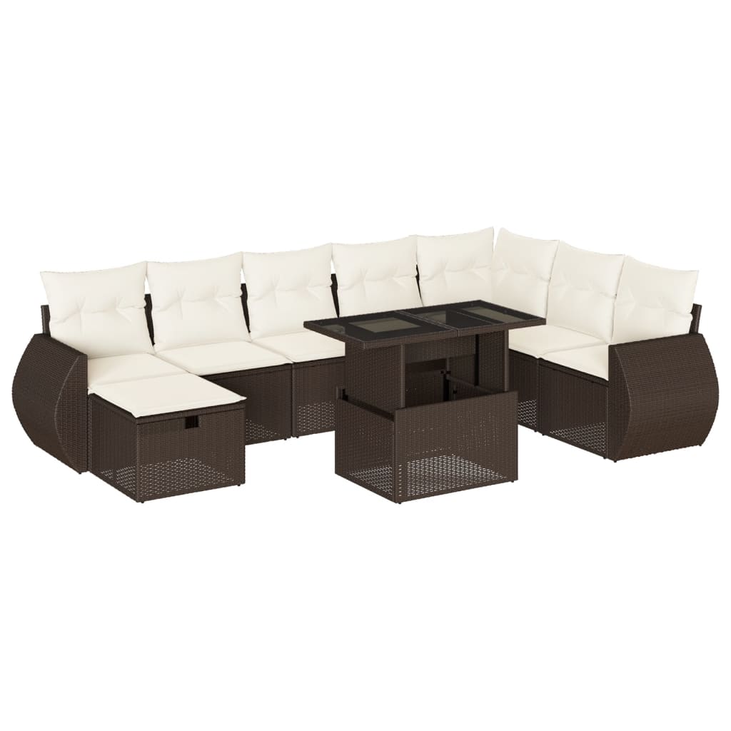 Set Divani da Giardino 9pz con Cuscini Marrone in Polyrattan