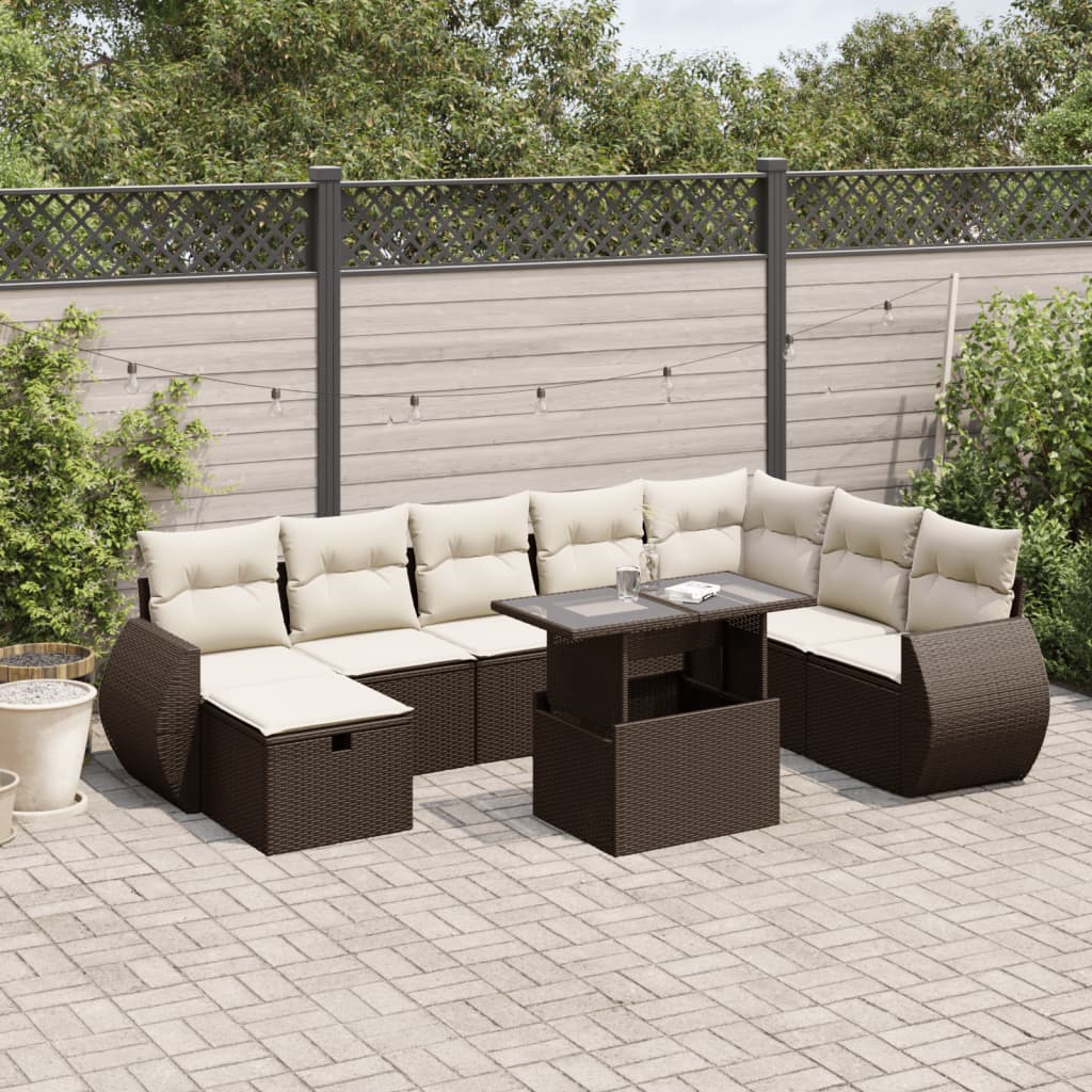 Set Divani da Giardino 9pz con Cuscini Marrone in Polyrattan