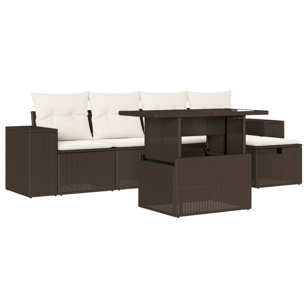 Set Divano da Giardino 6 pz con Cuscini Marrone in Polyrattan