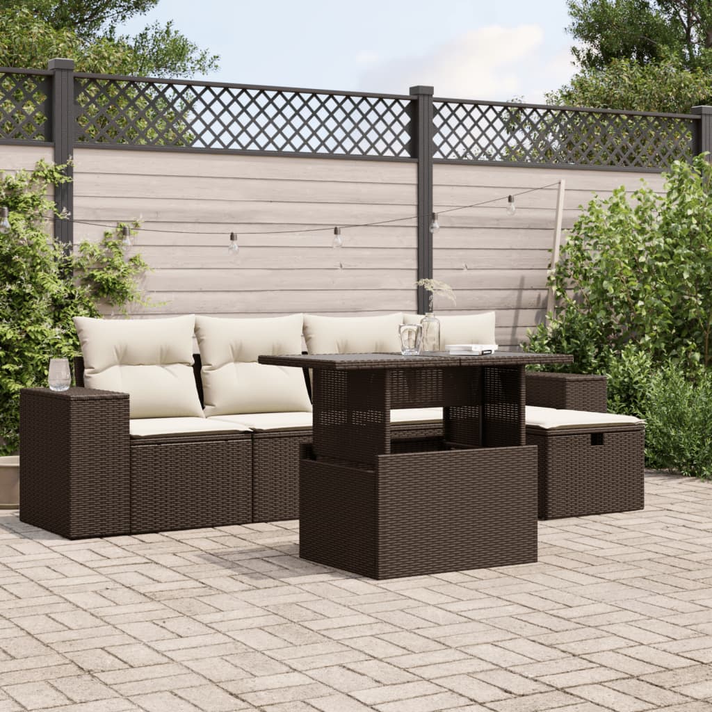 Set Divano da Giardino 6 pz con Cuscini Marrone in Polyrattan