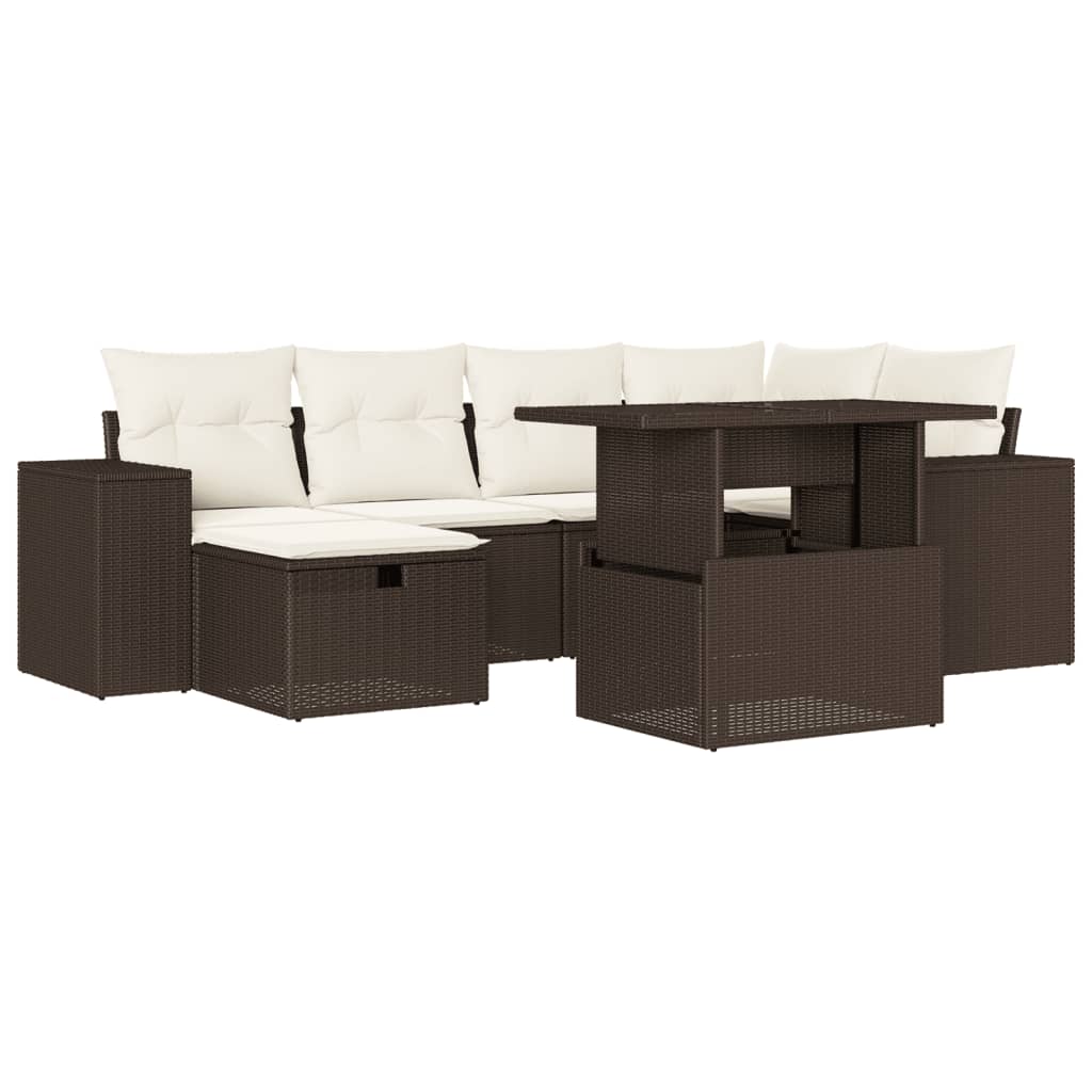 Set Divani da Giardino 7 pz con Cuscini Marrone in Polyrattan