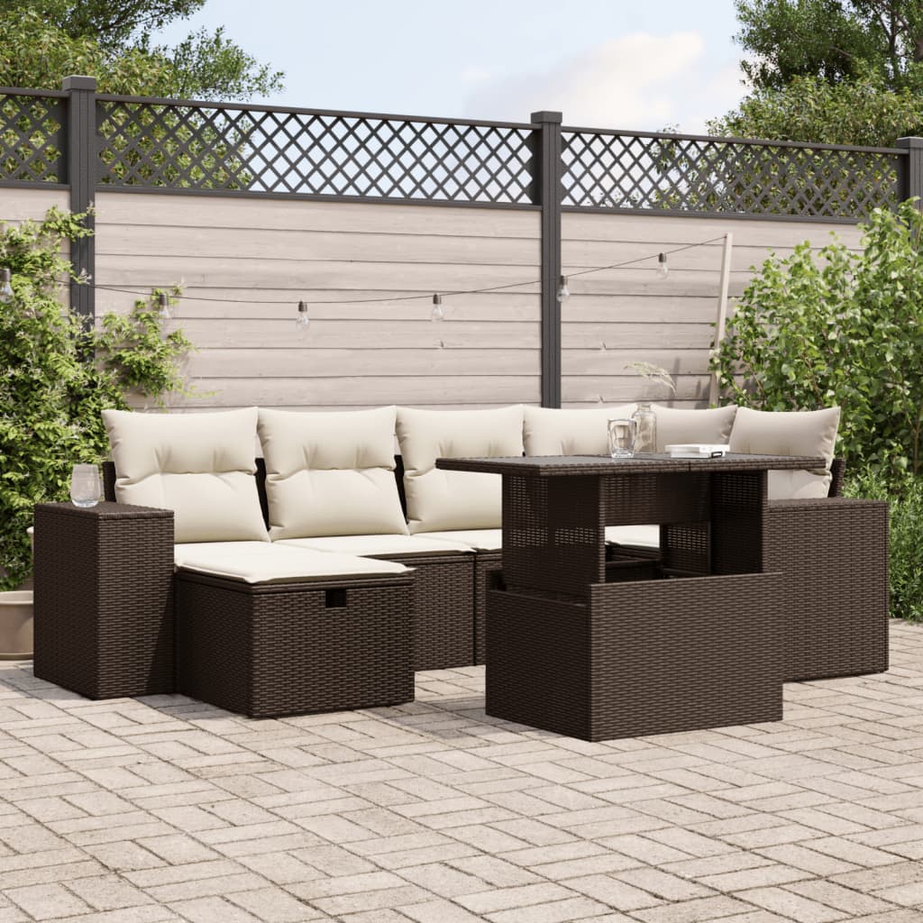 Set Divani da Giardino 7 pz con Cuscini Marrone in Polyrattan