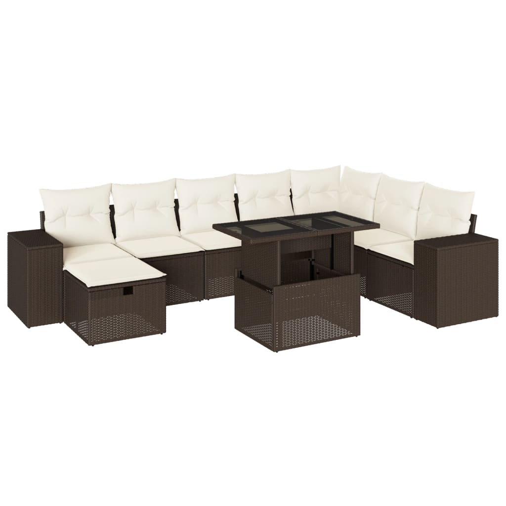 Set Divani da Giardino 9pz con Cuscini Marrone in Polyrattan