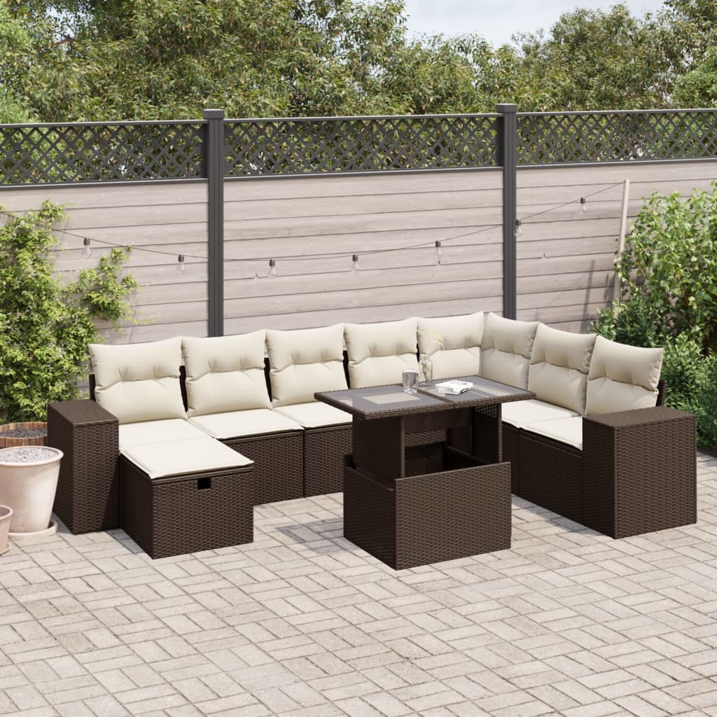 Set Divani da Giardino 9pz con Cuscini Marrone in Polyrattan