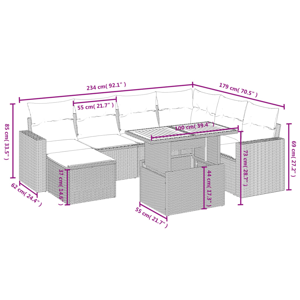 Set Divano da Giardino 8 pz con Cuscini Grigio in Polyrattan