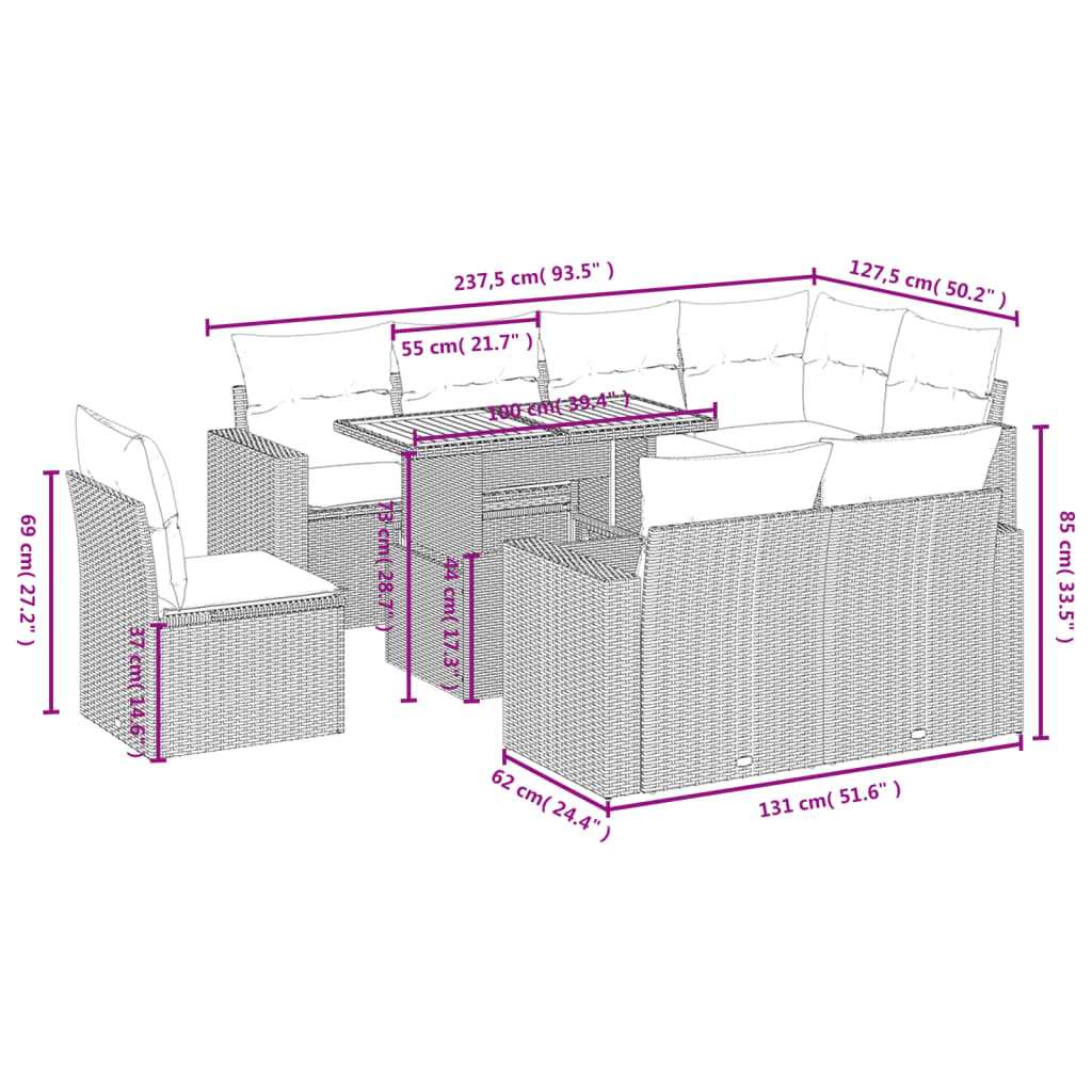 Set Divano da Giardino 9 pz con Cuscini Grigio in Polyrattan