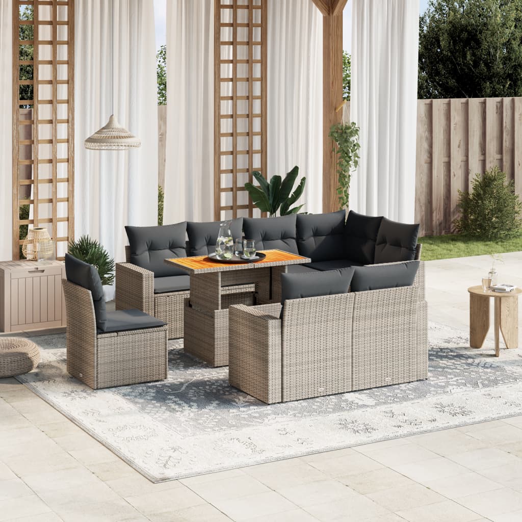 Set Divano da Giardino 9 pz con Cuscini Grigio in Polyrattan