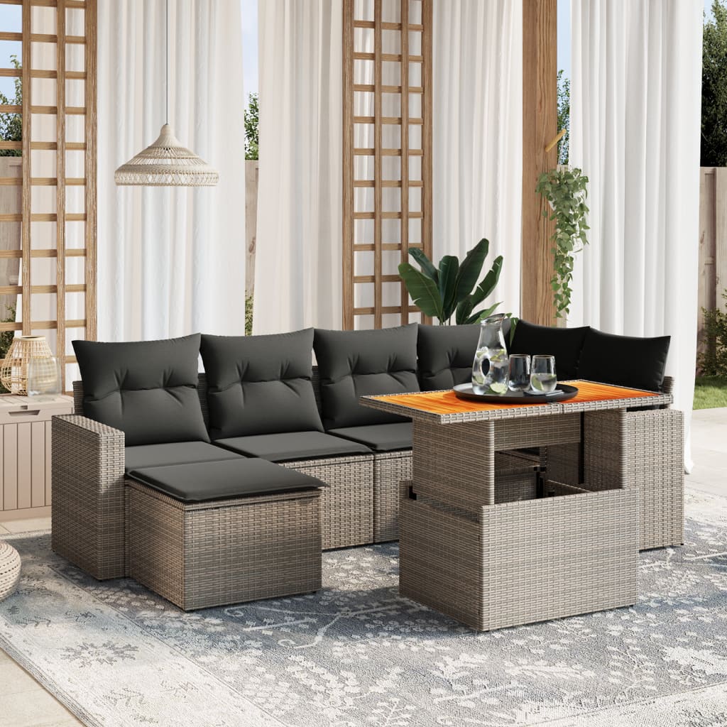 Set Divani da Giardino 7 pz con Cuscini Grigio in Polyrattan