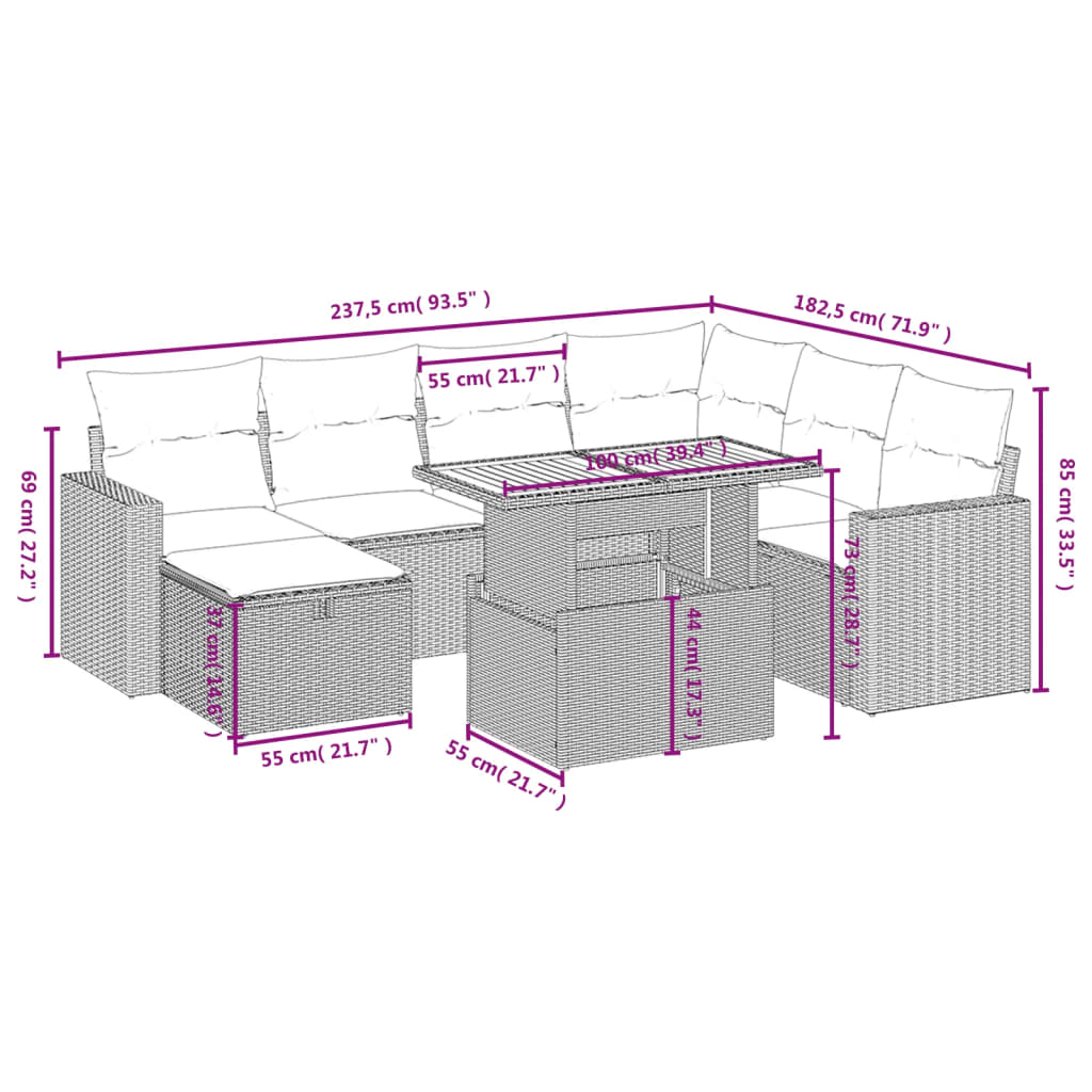 Set Divano da Giardino 8 pz con Cuscini Grigio in Polyrattan