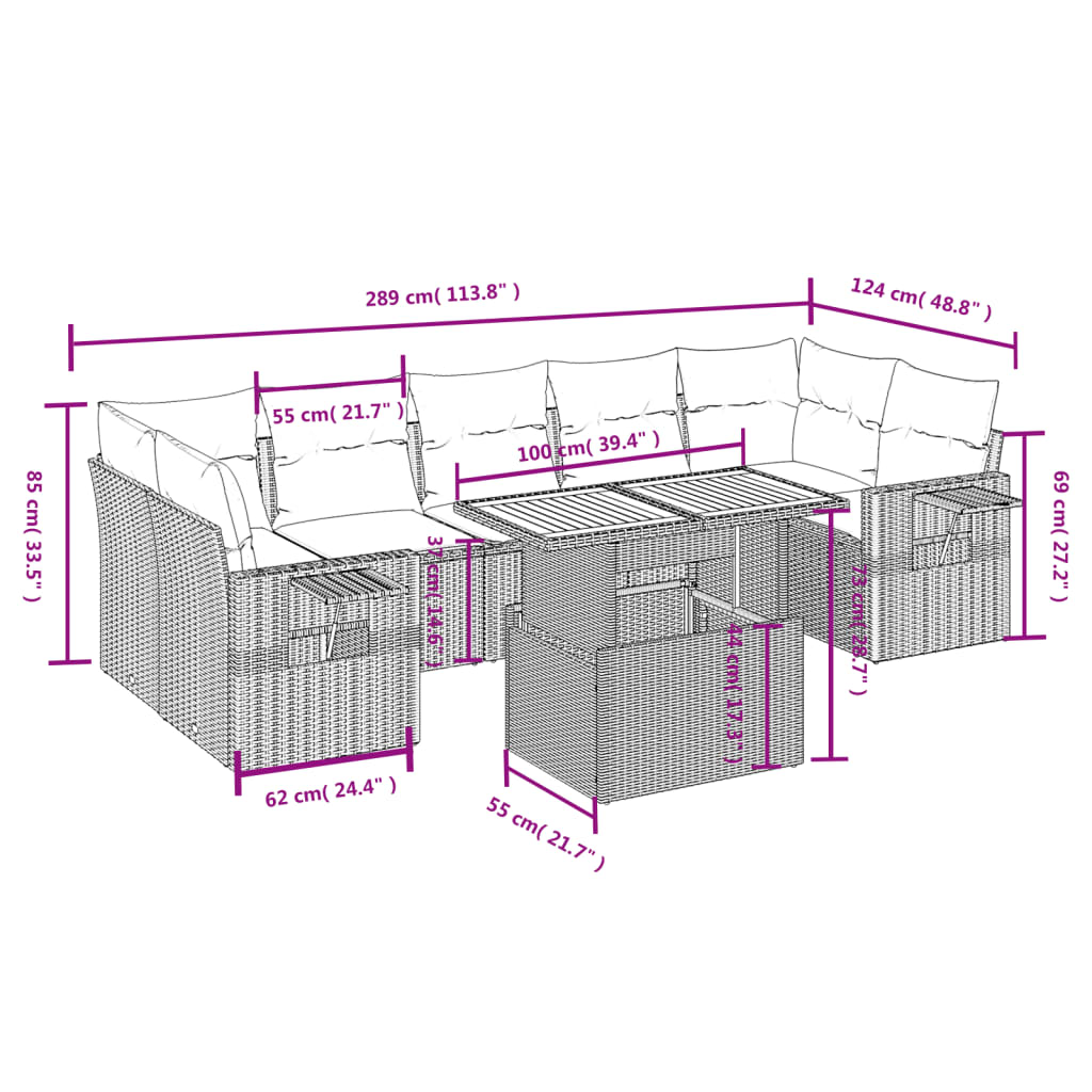 Set Divano da Giardino 8 pz con Cuscini Beige in Polyrattan