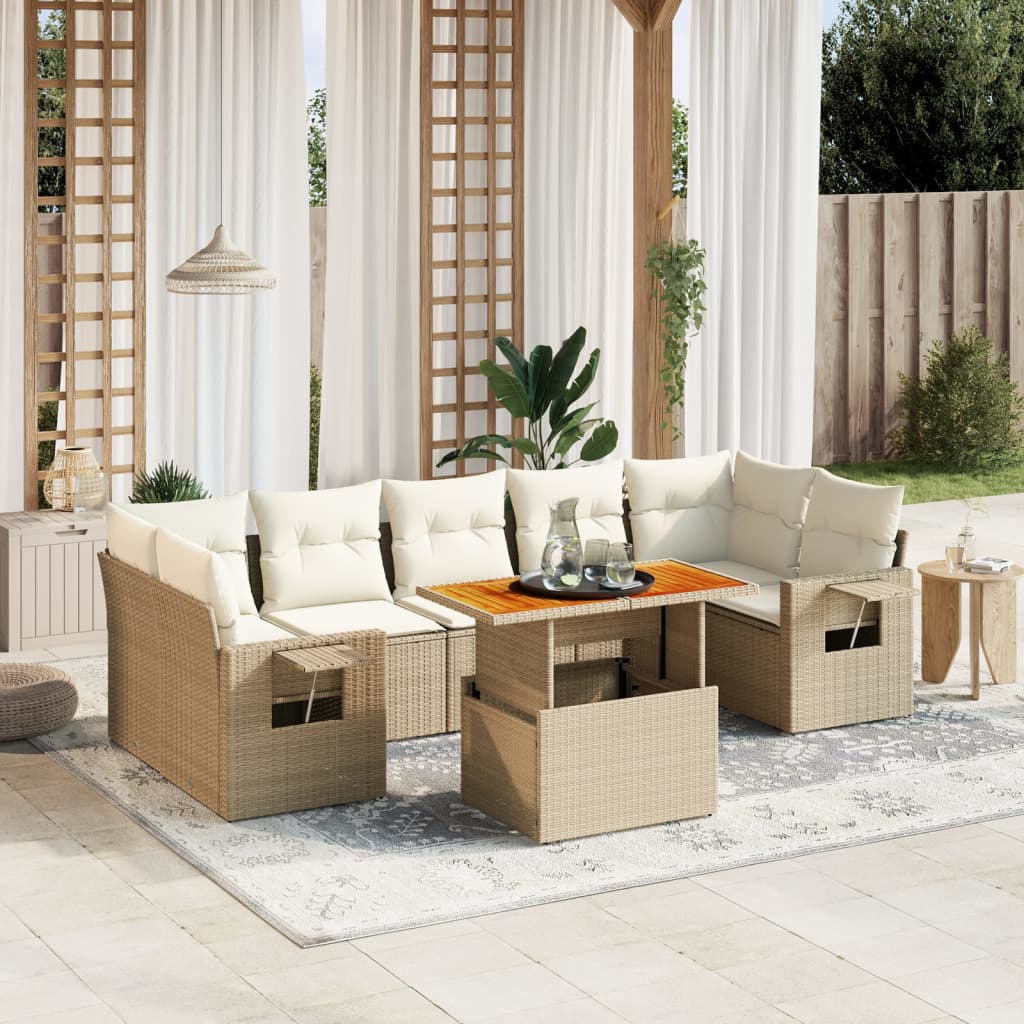 Set Divano da Giardino 8 pz con Cuscini Beige in Polyrattan