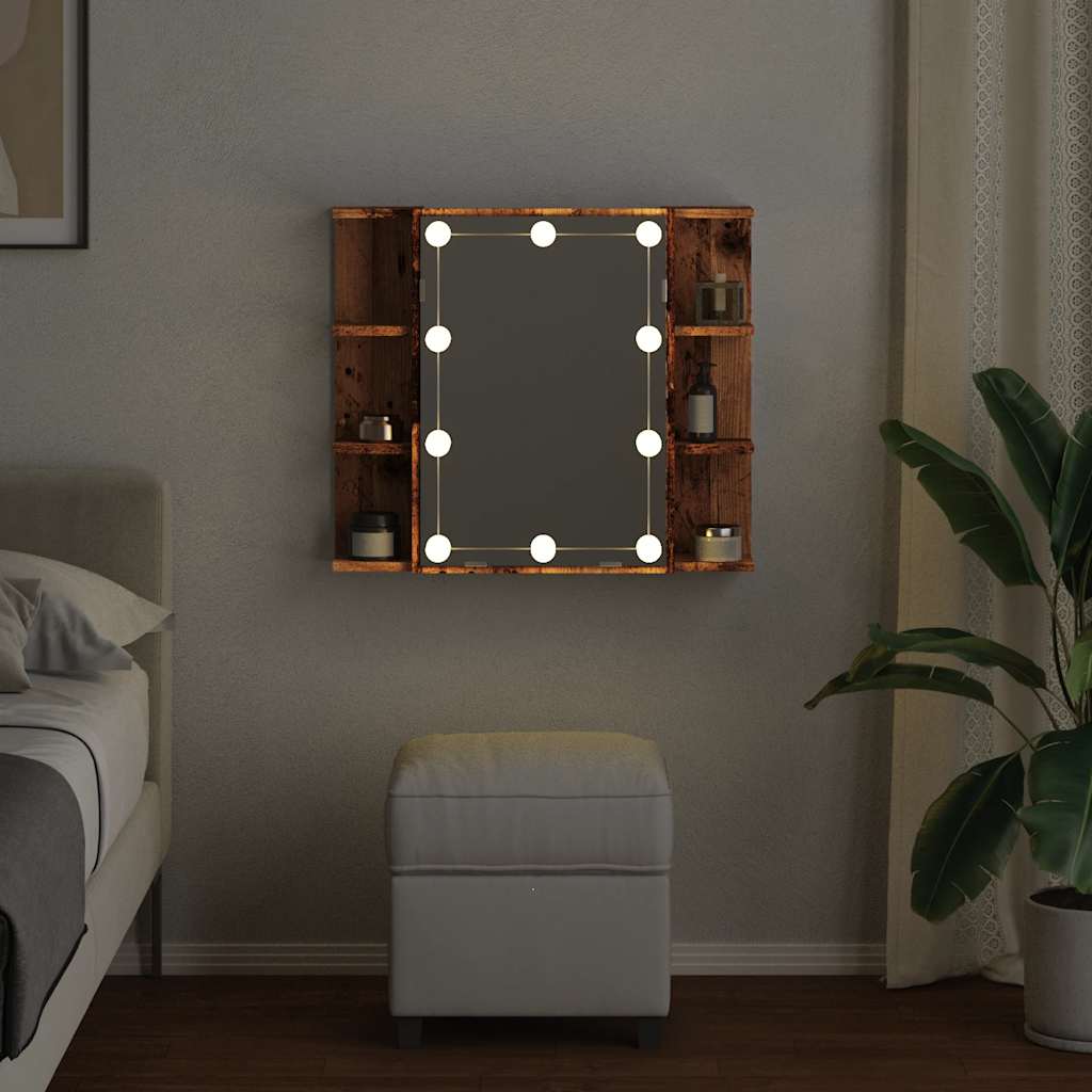 Mobile a Specchio con LED Legno Antico 70x16,5x60 cm