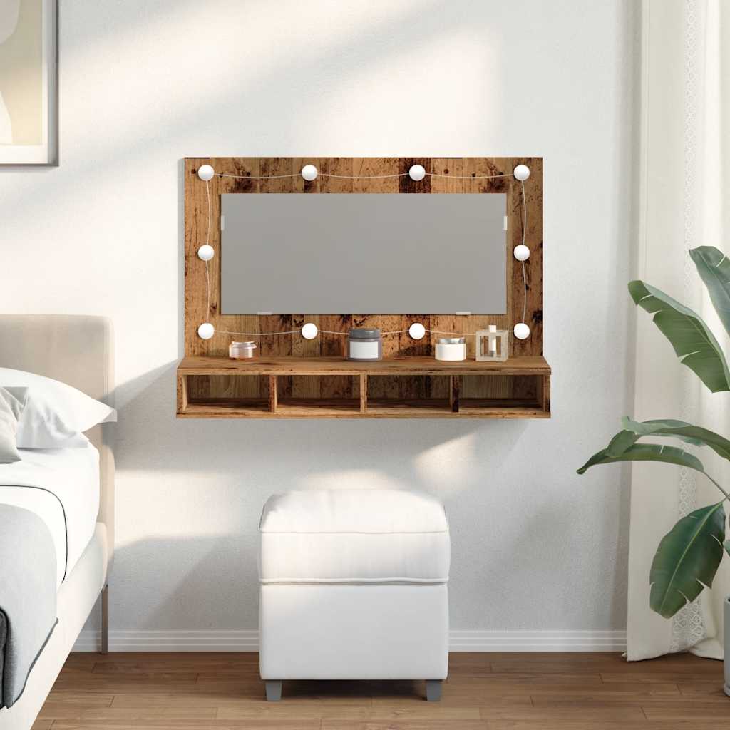 Mobile a Specchio con LED Legno Antico 90x31,5x62 cm