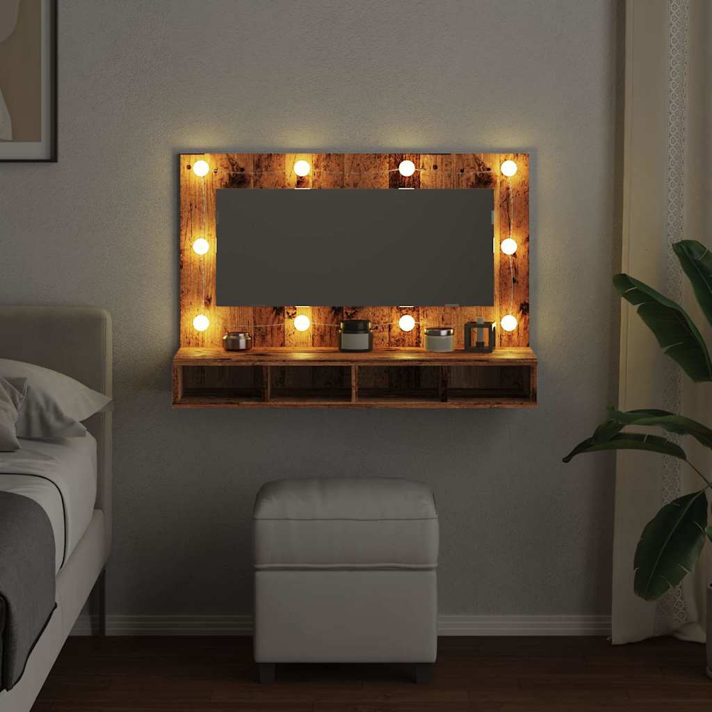 Mobile a Specchio con LED Legno Antico 90x31,5x62 cm