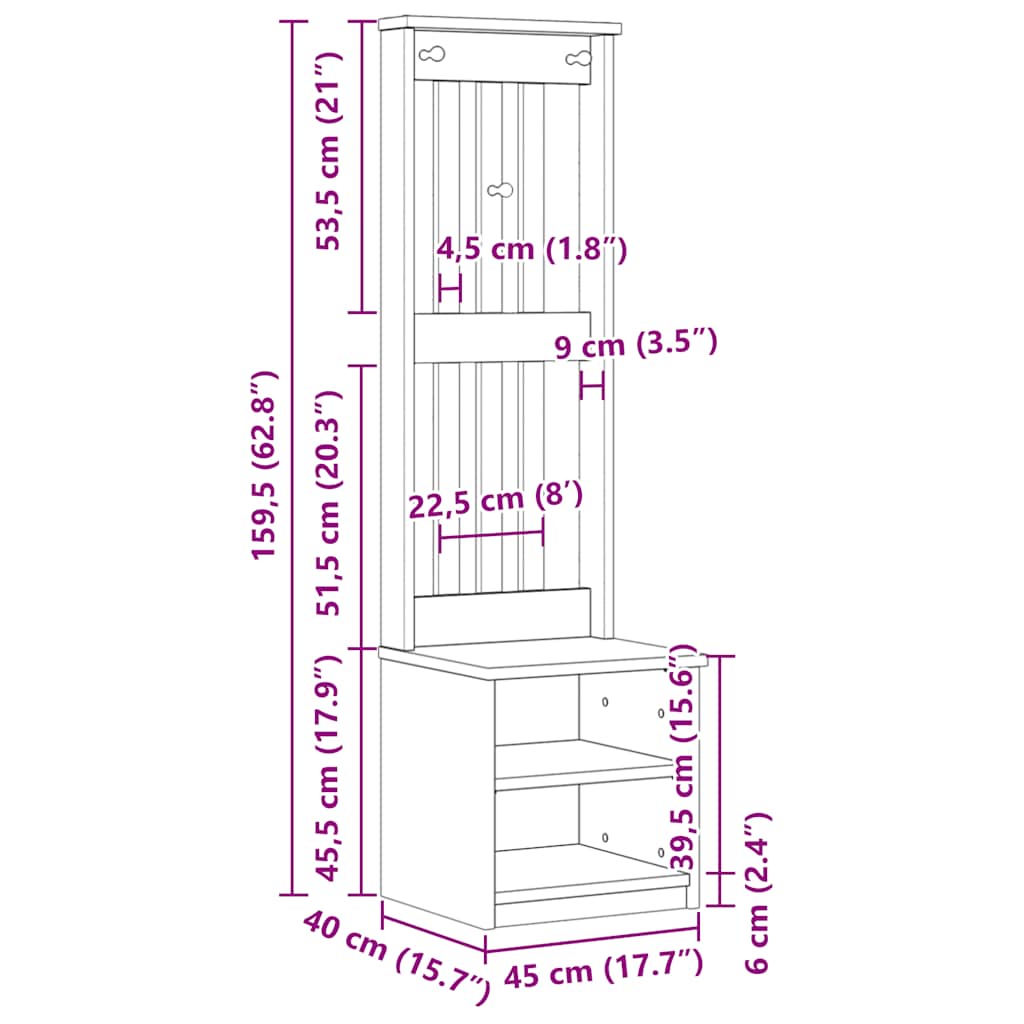 Albero da Ingresso SANDNES 45x40x159,5 cm in Legno di Pino