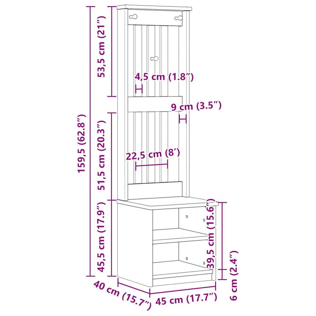 Albero da Ingresso SANDNES Bianco 45x40x159,5 cm Legno di Pino
