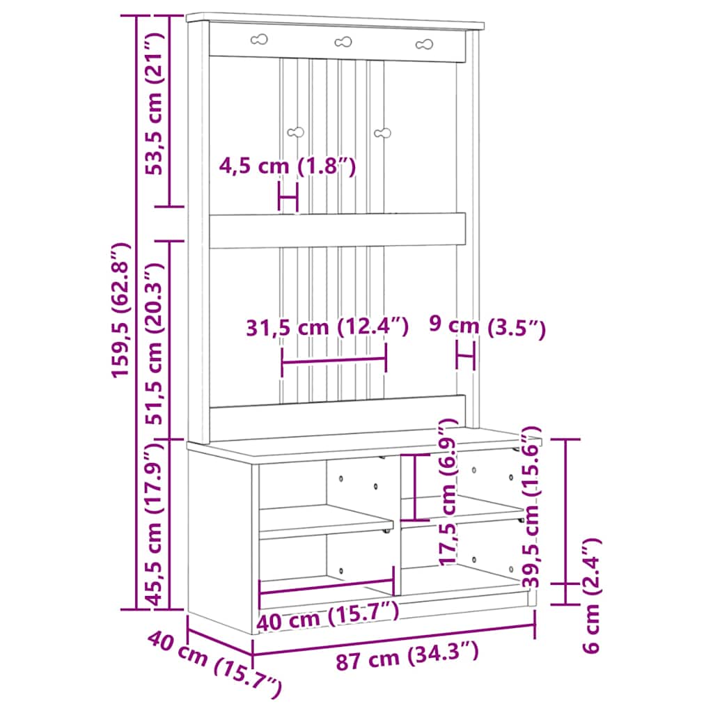 Albero da Ingresso SANDNES Bianco 87x40x159,5 cm Legno di Pino