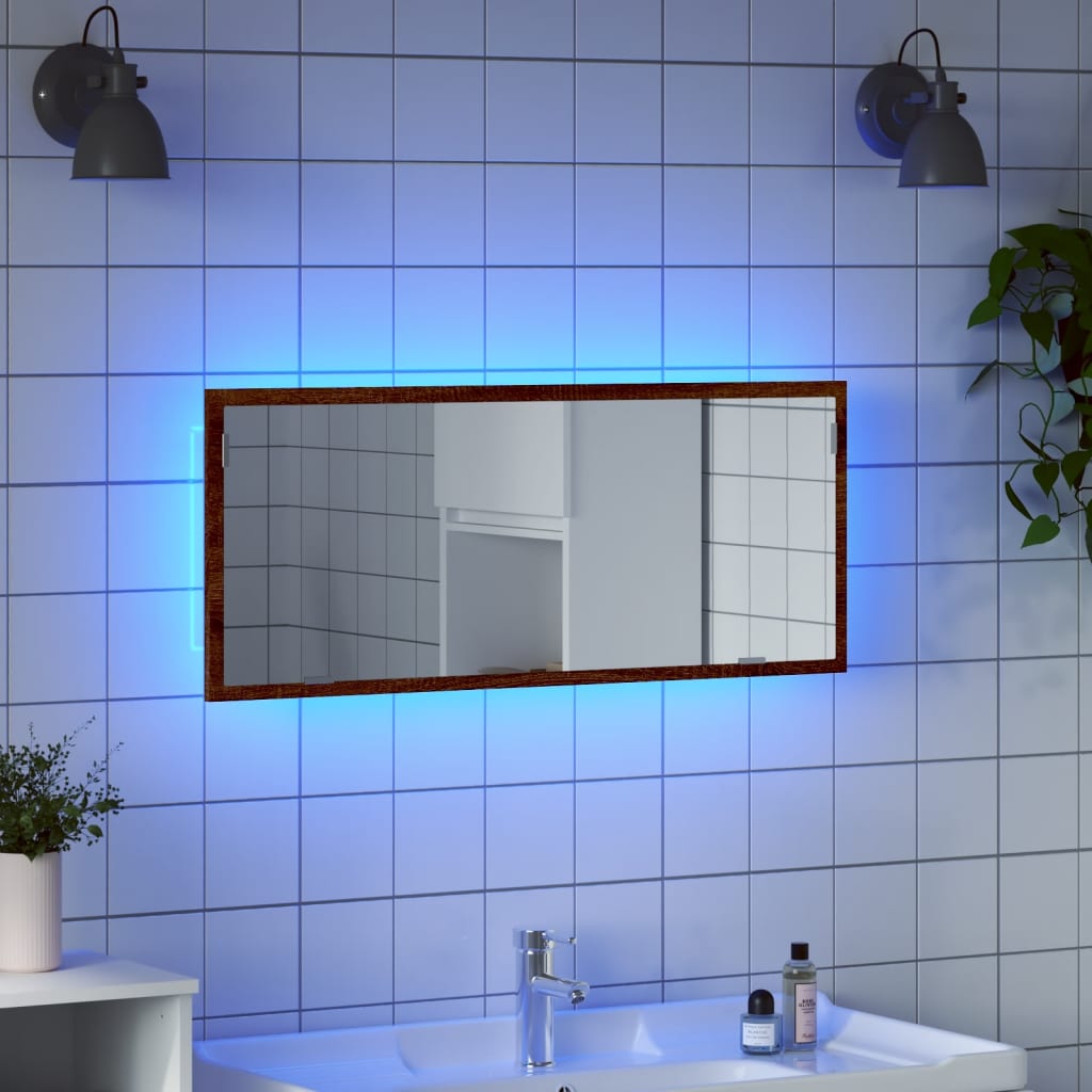 Specchio da Bagno LED Rovere Marrone 100x8,5x37cm in Truciolato