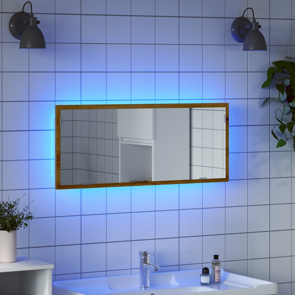 Specchio Bagno LED Rovere Artigianale 100x8,5x37 cm Multistrato