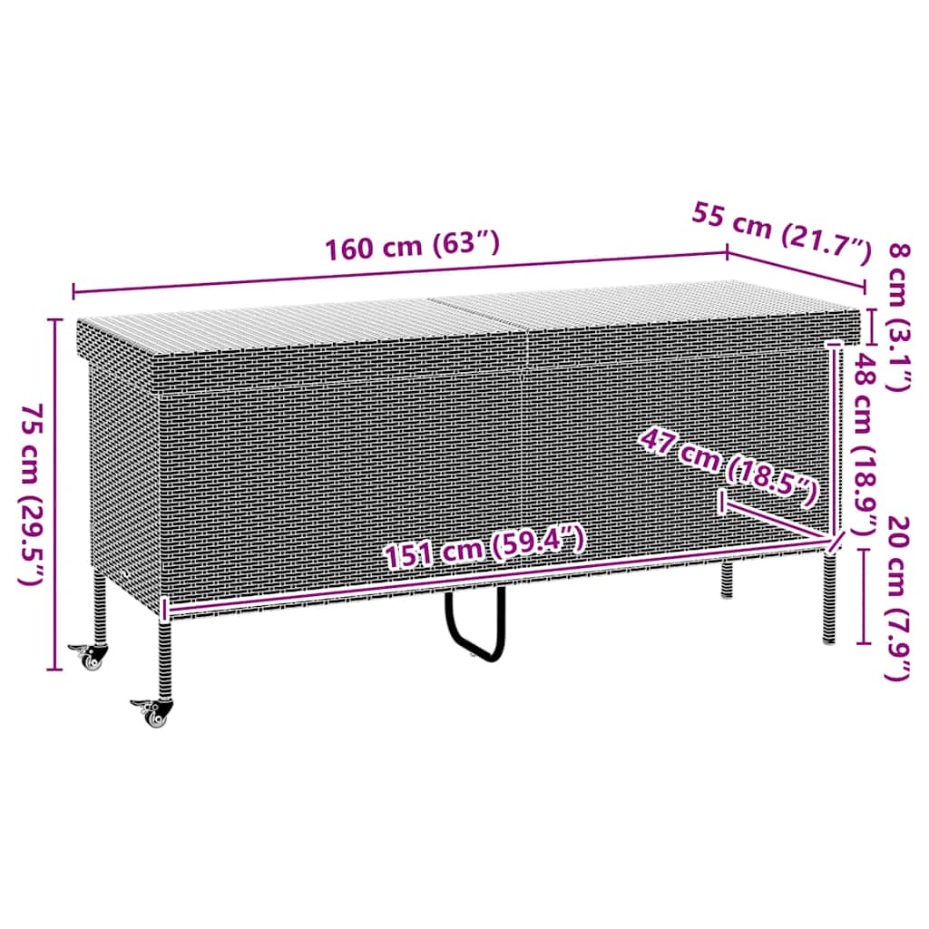 Contenitore da Giardino con Ruote Nero 160x55x75 cm Polyrattan