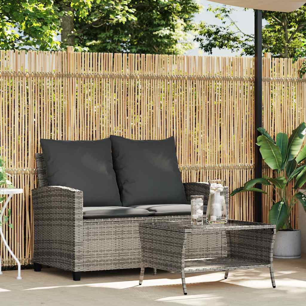 Divano da Giardino a 2 Posti Cuscini&Tavolo Grigio Polyrattan