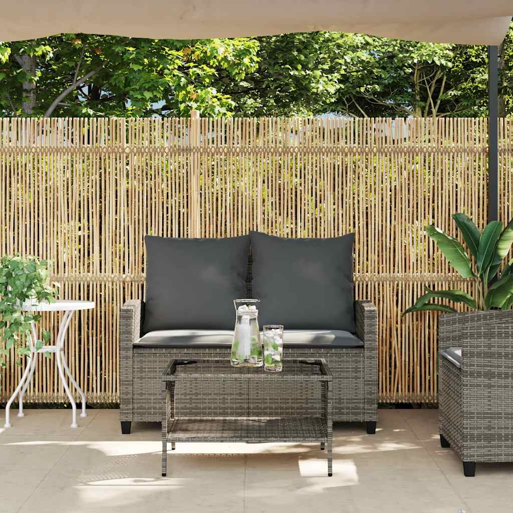 Divano da Giardino a 2 Posti Cuscini&Tavolo Grigio Polyrattan