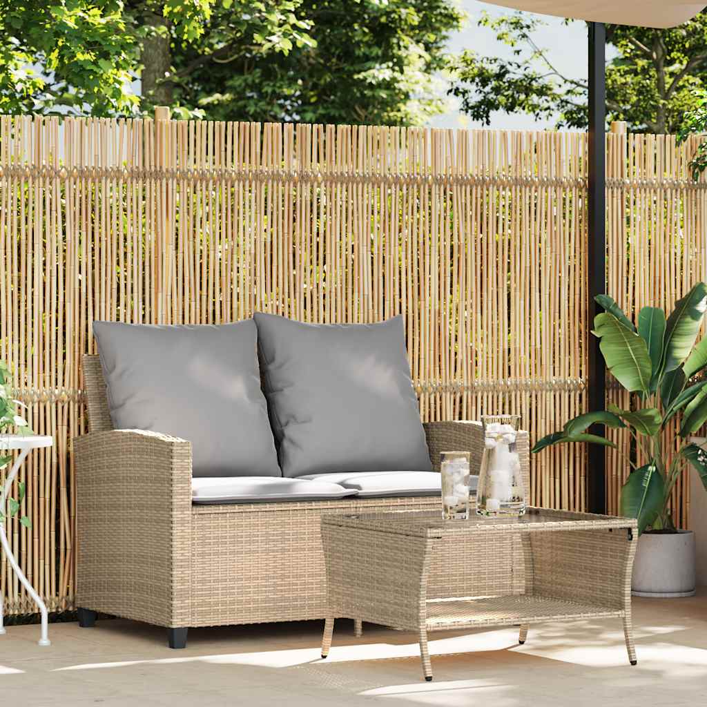 Divano Giardino 2 Posti con Cuscini e Tavolo Beige Polyrattan