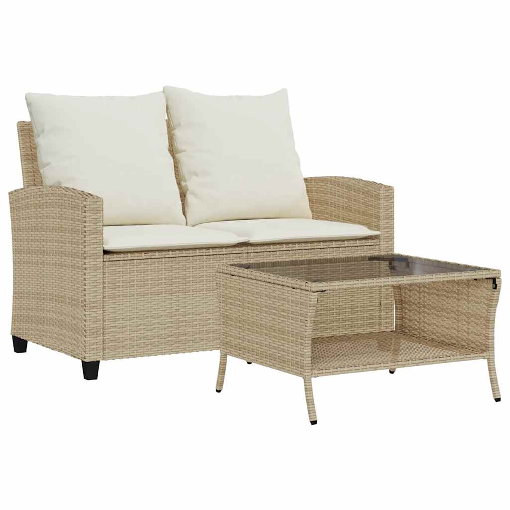 Divano Giardino 2 Posti con Cuscini e Tavolo Beige Polyrattan