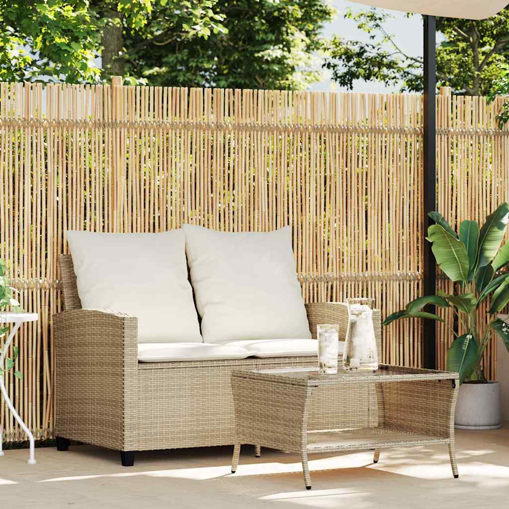 Divano Giardino 2 Posti con Cuscini e Tavolo Beige Polyrattan