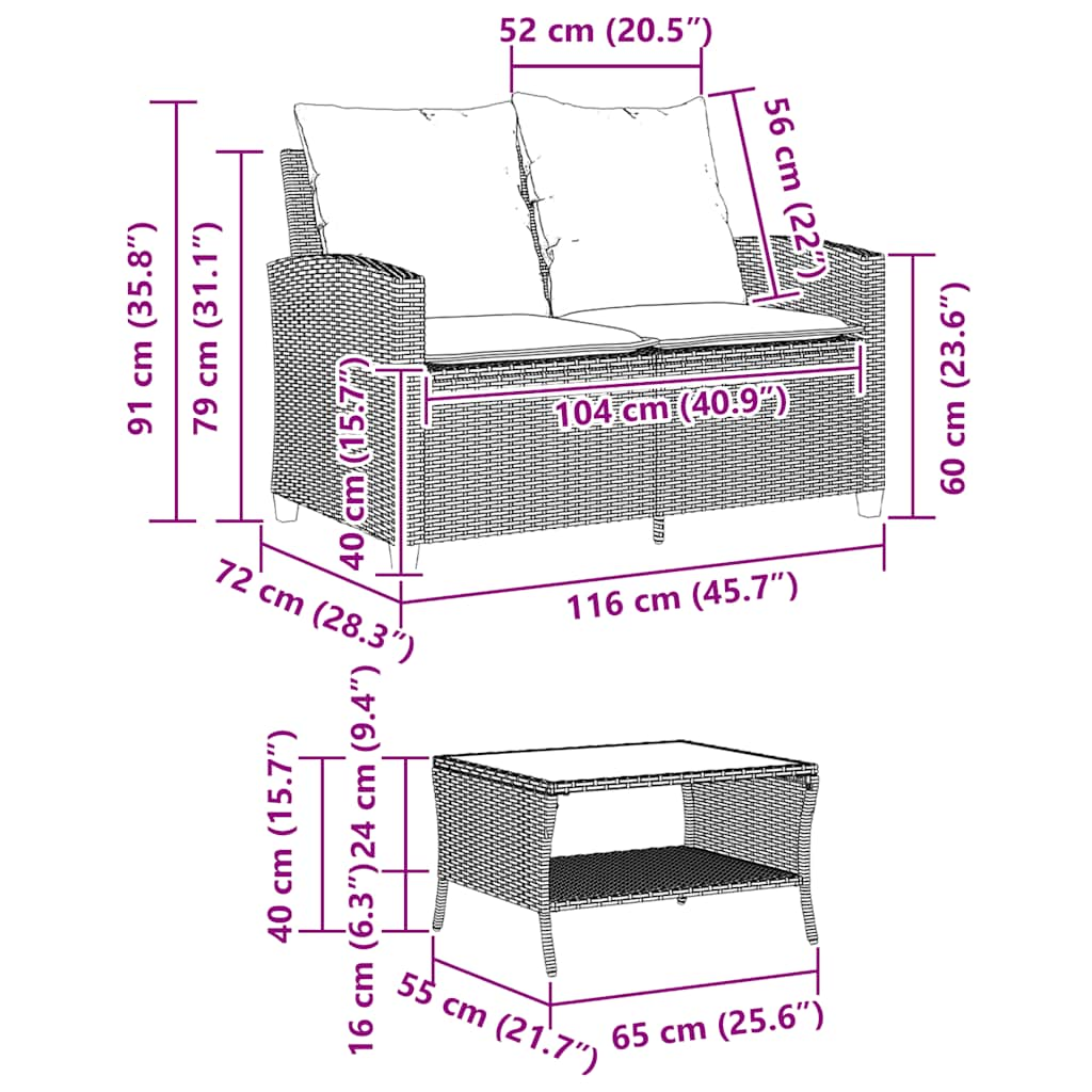 Divano da Giardino a 2 Posti Cuscini&Tavolo Grigio Polyrattan