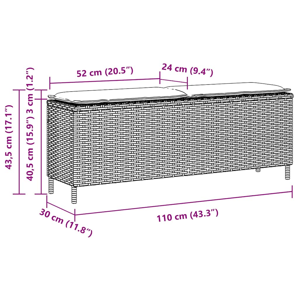 Panca da Giardino con Cuscino Nera 110x30x40,5 cm in Polyrattan