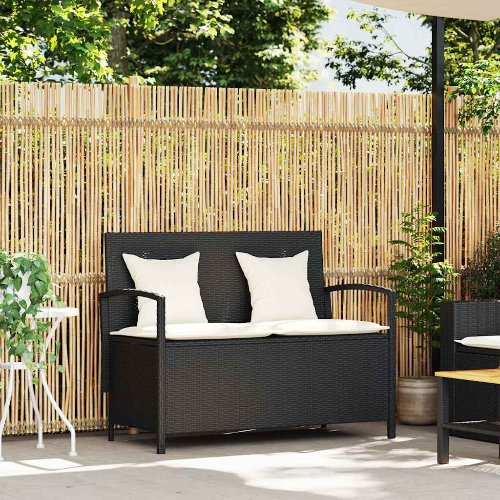 Panca Portaoggetti da Giardino con Cuscino in Polyrattan Nero