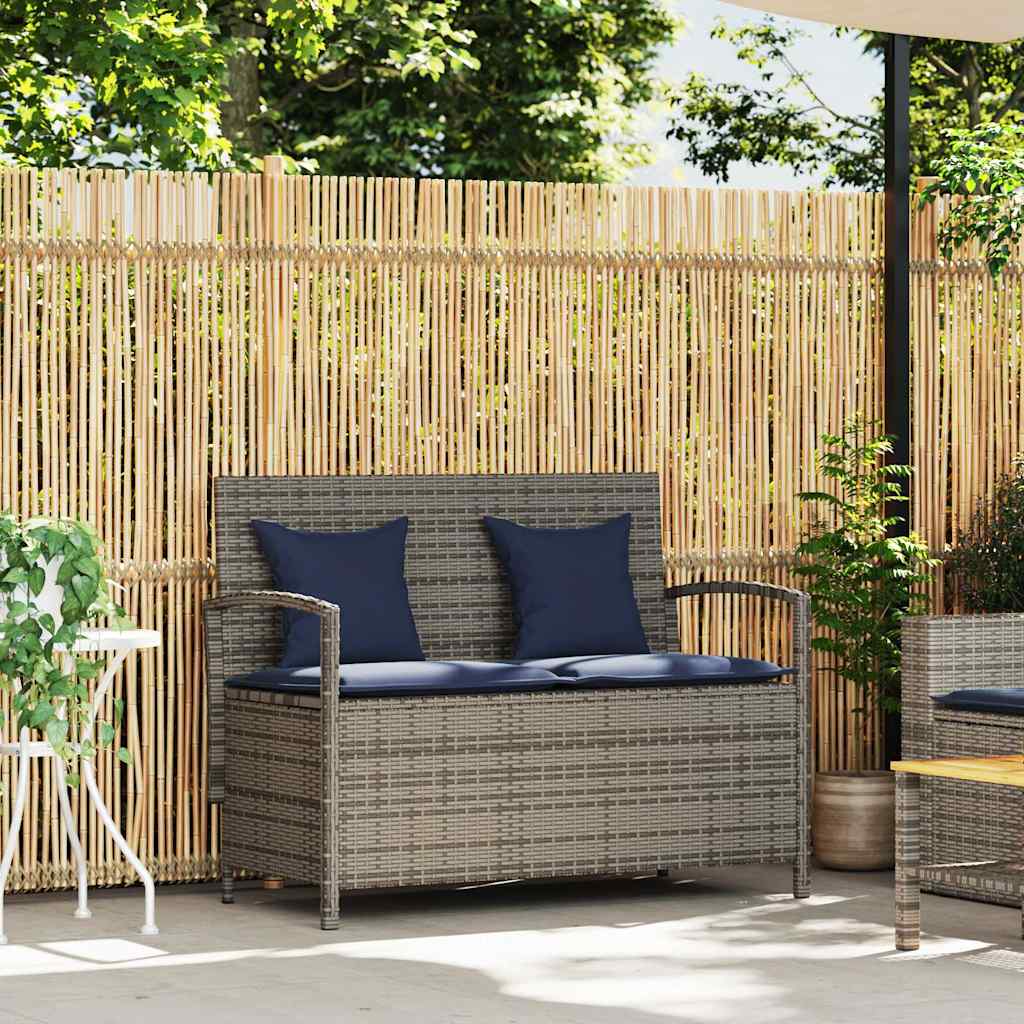 Panca Portaoggetti da Giardino con Cuscino Grigio in Polyrattan