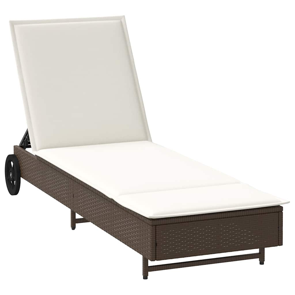 Lettino Prendisole con Ruote e Cuscino in Polyrattan Marrone