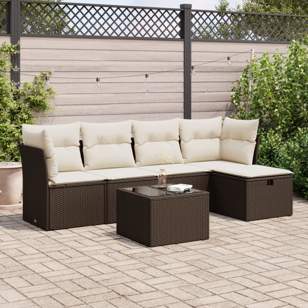 Set Divano da Giardino 6 pz con Cuscini Marrone in Polyrattan