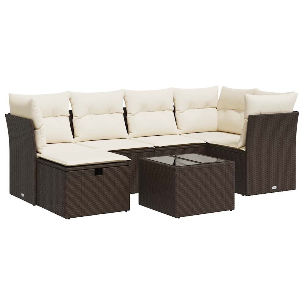 Set Divani da Giardino 7 pz con Cuscini Marrone in Polyrattan