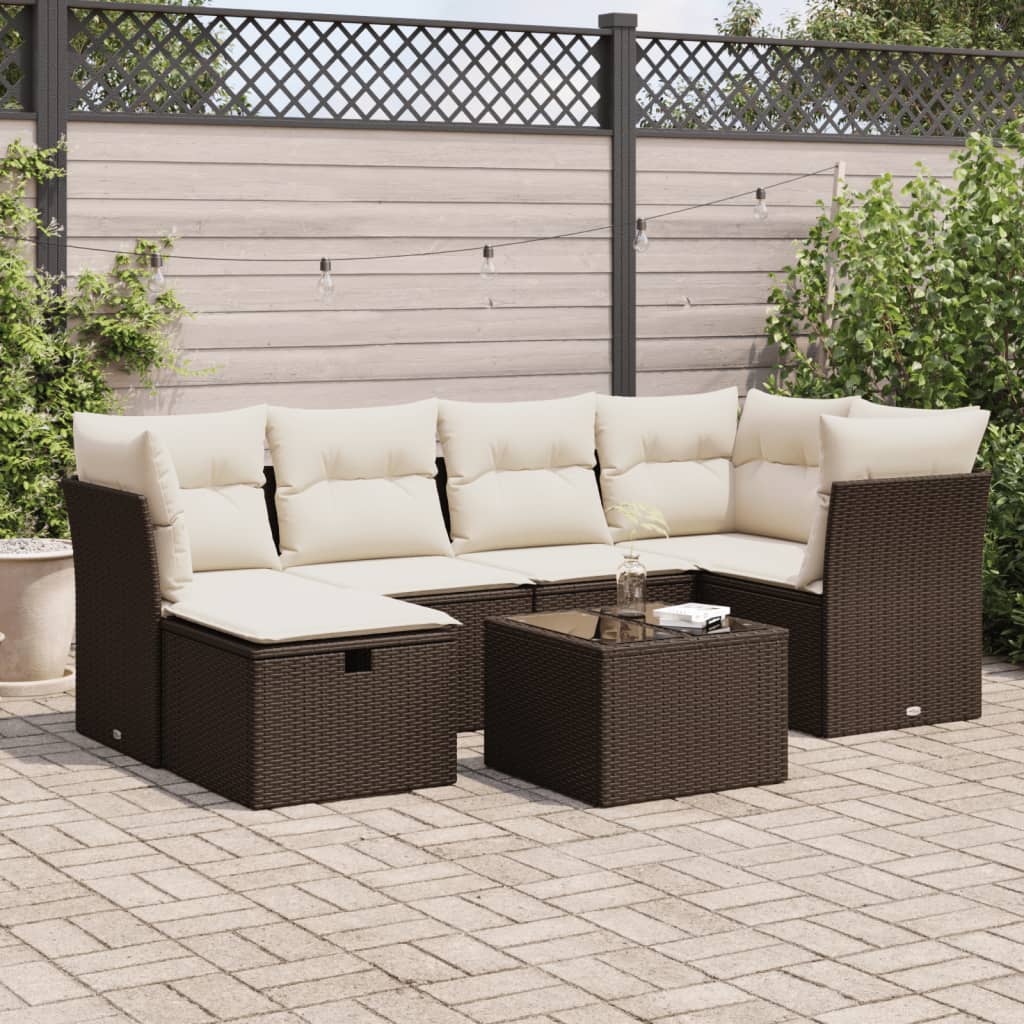 Set Divani da Giardino 7 pz con Cuscini Marrone in Polyrattan