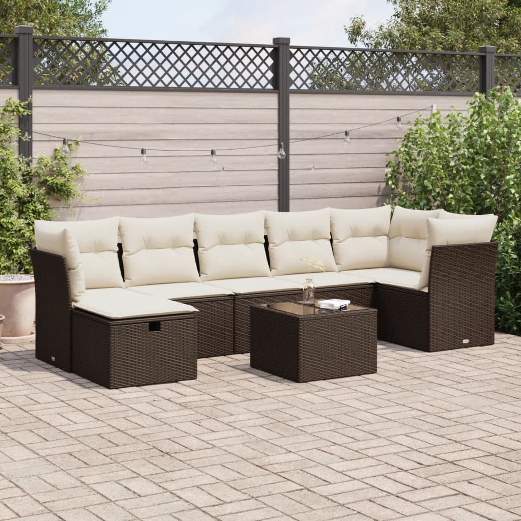 Set Divani da Giardino 8 pz con Cuscini Marrone in Polyrattan