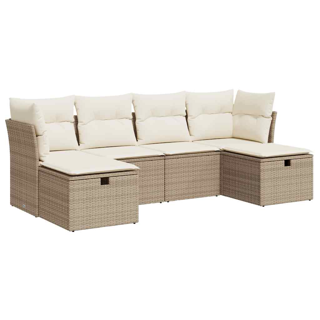 Set Divano da Giardino 6 pz con Cuscini Beige in Polyrattan