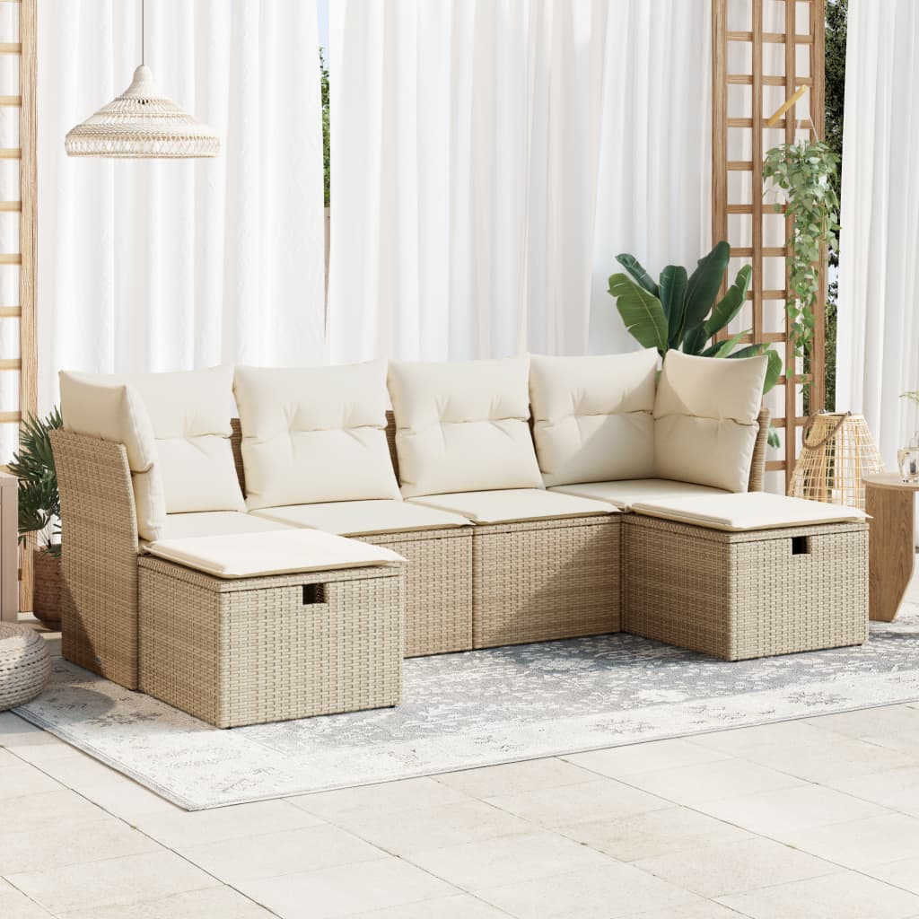 Set Divano da Giardino 6 pz con Cuscini Beige in Polyrattan