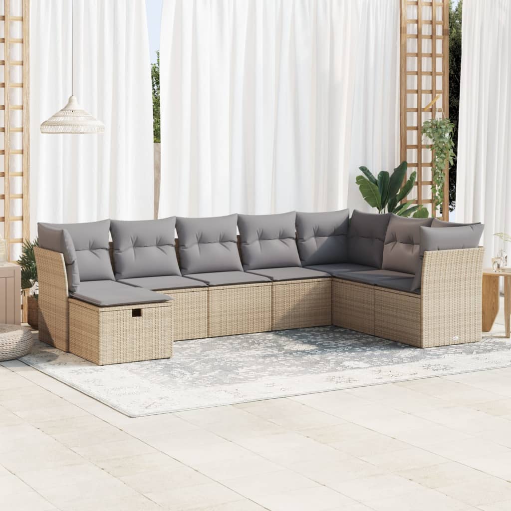 Set Divano da Giardino 8 pz con Cuscini Beige in Polyrattan