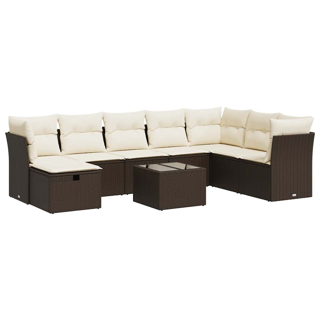 Set Divani da Giardino 9pz con Cuscini Marrone in Polyrattan