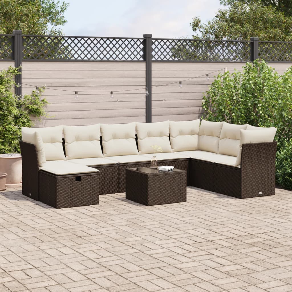 Set Divani da Giardino 9pz con Cuscini Marrone in Polyrattan