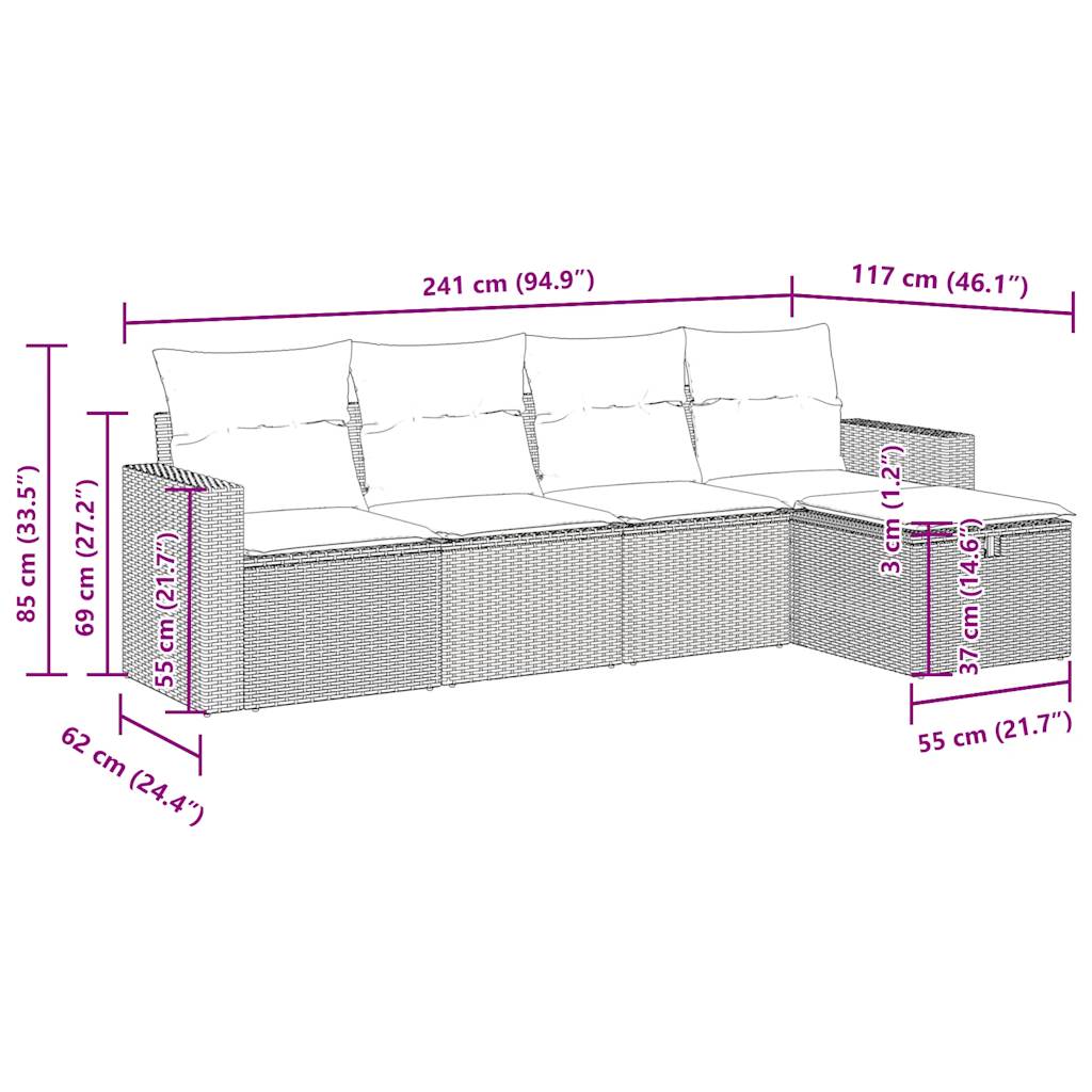 Set Divano da Giardino 5 pz con Cuscini Beige in Polyrattan