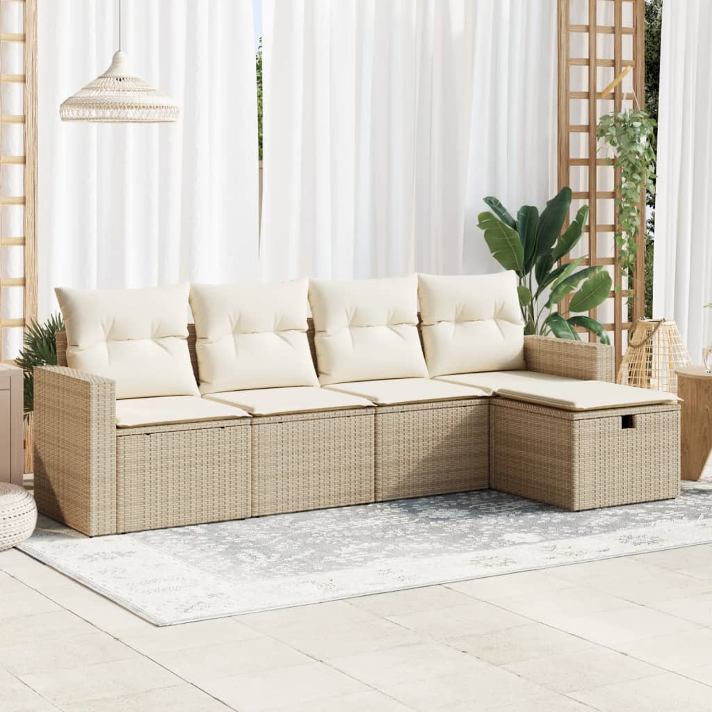 Set Divano da Giardino 5 pz con Cuscini Beige in Polyrattan