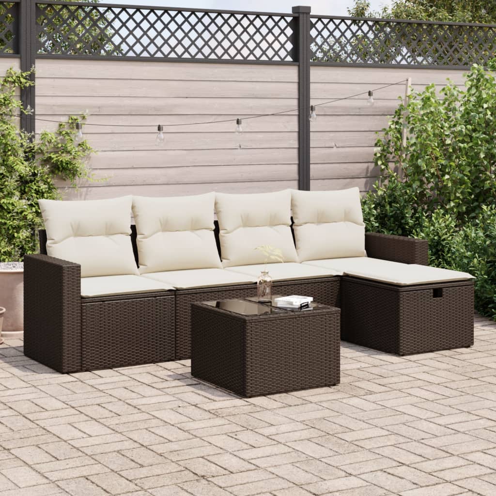 Set Divano da Giardino 6 pz con Cuscini Marrone in Polyrattan