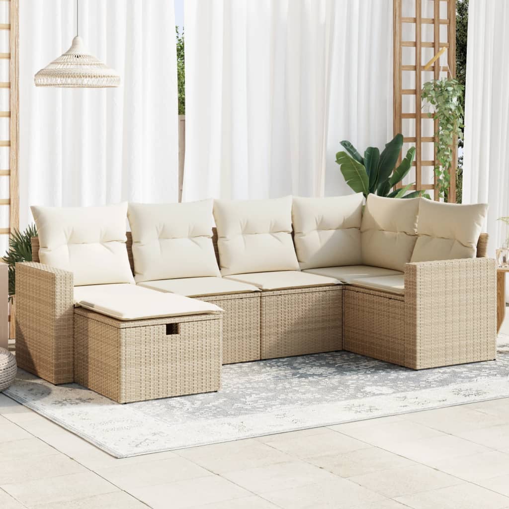 Set Divano da Giardino 6 pz con Cuscini Beige in Polyrattan