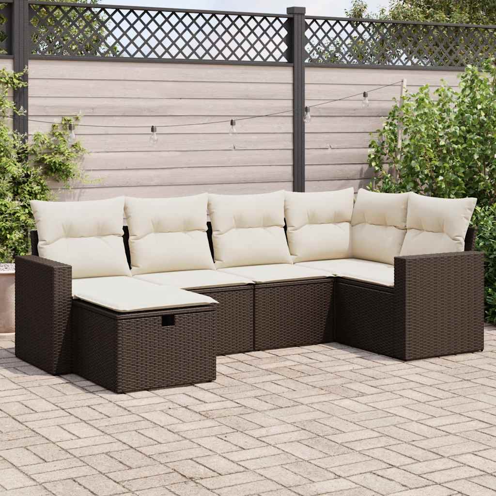 Set Divano da Giardino 6 pz con Cuscini Marrone in Polyrattan