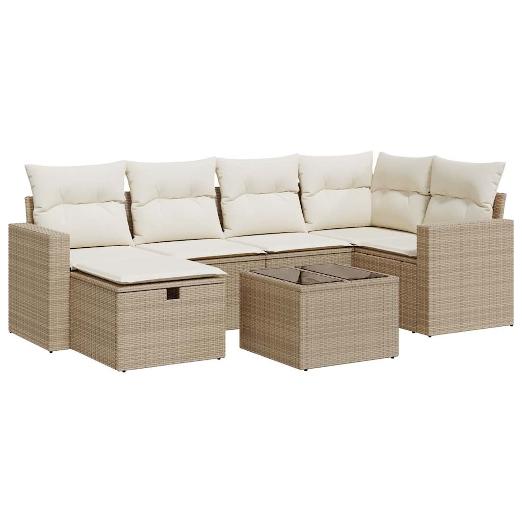 Set Divani da Giardino 7 pz con Cuscini Beige in Polyrattan