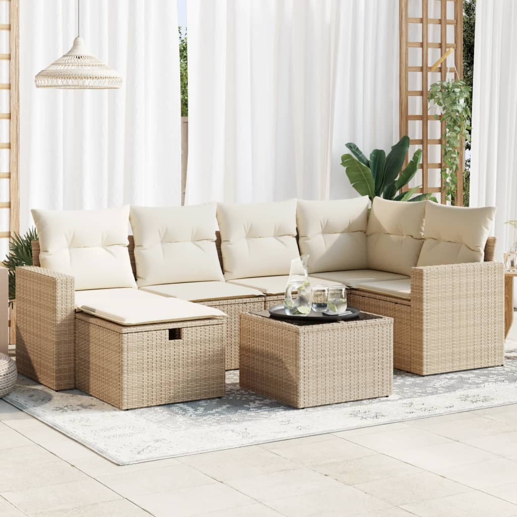 Set Divani da Giardino 7 pz con Cuscini Beige in Polyrattan